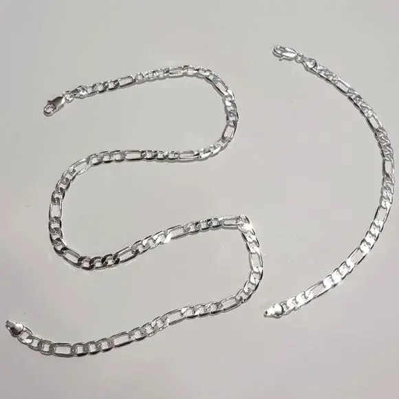 925 Silver Necklace & Bracelet Set Figaro Chain Link Valentines Birthday Gift